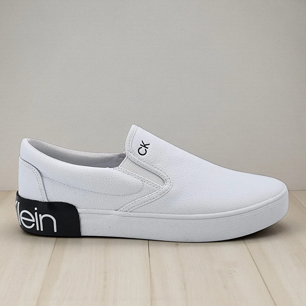 Calvin Klein RYOR2 Sneakers Mens Size 9M White Tumbled Leather Slip-On Shoes NEW